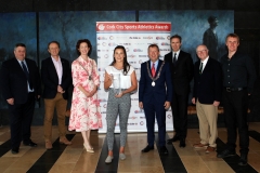 NO REPRO FEE. At the RIver Lee Hotel for the Cork City Sports Athlete of the Year AWard for 2020. L to R., Kieran McGeary, CEO Cork 96FM C103 Eoghan Dinan, The Echo, Mayor of Cork County Cllr. Gillian Coughlan, Olympian Phil Healy, Bandon A.C.,  Athlete of the Year 2020, Deputy Lord Mayor Cllr Tony Fitzgerald, Ruairi O’Connor, GM, The River Lee, Tony O’Connell, Chairman CCS and George Duggan, Cork Crystal. Picture, Martin Collins.