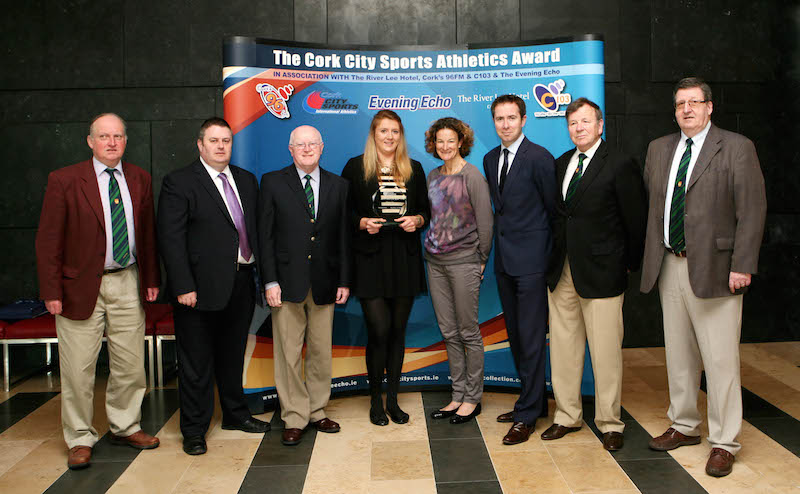 L to R., Dick Hodgins, Meet Director CCS, Kieran Mc Geary CEO, Cork 96FM C103, Tony O'Connell Chairman CCS, Award Winner Clare Fitzgerald, ( UCC AC )  Senior Womens National Indoor Shot Champion, Sonia O'Sullivan, Olympic Meadlist and World Champion, Ruiari O'Connor, General Manager, The River Lee Hotel, Frank Walley, president CCS and Terry O'Rourke, Secretary CCS. Picture.