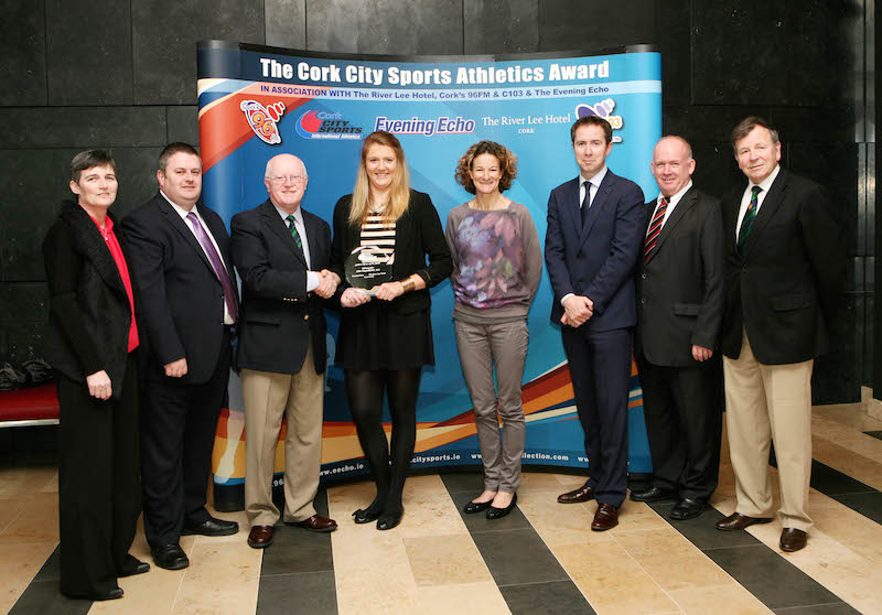 Tony O'Connell Chairman, Cork City sports presenting the CCS Athletics Person of the Month Award to National Senior Womens Indoor Shot Title Winner Clare Fitzgerald, ( UCC AC ), also in picture L to R., Christine O'Donovan, Deputy Director of Sport UCC, Kieran Mc Geary, CEO, Cork 96FM C103, Sonia O'Sullivan, Olympic Medalist and World Champion, Ruairi O'Connor, General Manager The River Lee Hotel, Declan Kidney, Director of Sport UCC and Frank Walley, President CCS