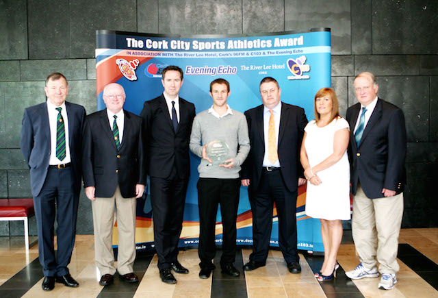 L to R., Frank Walley, President CCS, Tony O'Connell, Chairman CCS, Ruairi O'Connor, General Manager, The River Lee Hotel, Alex Wright ( Leevale A.C. ) Athlete of the Month, Kieran Mc Geary, CEO Cork 96FM C103, Caroline Philpott, Leevale A.C. & CCS and Dick Hodgins, CCS.
